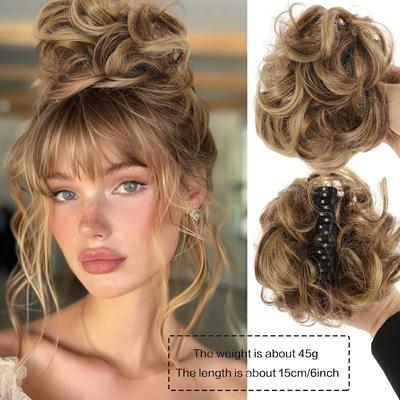 TEMU Elegant Claw-wavy Curly Hairpiece For Women - High Temperature Fiber Synthetic Bun With Secure Claw Clip, Tousled Updo Accessory For Sophisticated , Hairpiece Image