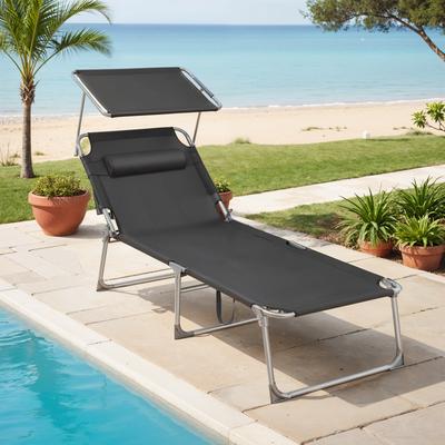 TEMU Large Sun Lounger, Foldable Deck Chair, 71 X 200 X 38 Cm, Load Capacity 150 Kg, With Sun Protection, Adjustable Backrest Image
