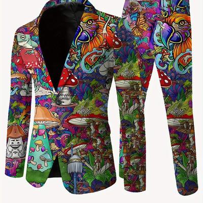 TEMU Men's Casual Fitted Suit With Vibrant Mushroom & Nature Print - Polyester Blend, Long Sleeve, Lapel Collar, Pockets, Wear, Relaxed Fit, Casual Attire|vibrant Print Jacket|stretchy Fabric Image