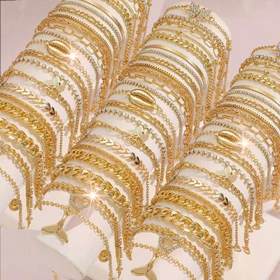 TEMU 22pcs/set Or 44pcs Bohemian Vintage Multi-style Heart Synthetic Zirconia Women's Stackable Anklet Set, Casual Attire Or Holiday Gift Image