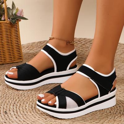 TEMU Women' Platform Sandals With White Accents - Casual Open-toe Slip-ons, Rubber Sole, Hook & Loop Closure, Summer Footwear, Comfortable Footwear | Stylish Sandals | Footwear Image