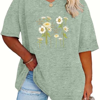 TEMU Plus Size Women's Casual V-neck T-shirt - Relaxed Drop Shoulder Short Sleeve Top With Letter Print & Daisy Applique, Soft Stretch Fabric, Machine Washable, Image