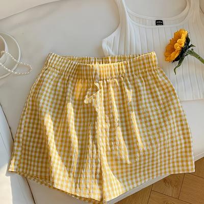TEMU Women's Casual Shorts With Elastic Waistband & Bow Detail - Yellow & White Gingham Pattern, Machine Washable, Summer Casual Attire Image