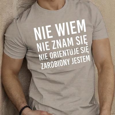 TEMU Men's Casual Summer T-shirt With Geometric Pattern, Crew Neck, Regular Fit - Fun Polish Quote, Breathable Fabric, Ideal For Adult - Casual Attire| Text Tee| Image
