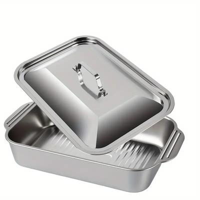 TEMU 2pcs/set Stainless Steel Lidded Baking Tray, Large Capacity, Suitable For Family Gatherings, Barbecue, Bread Desserts, Seafood And Buffets 1 Pot +1 Lid Image
