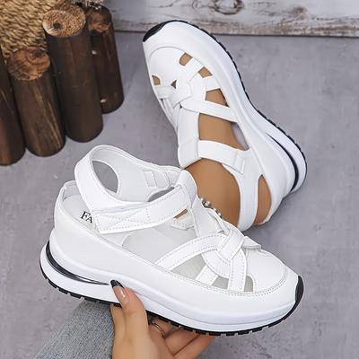TEMU Women's Comfortable White Wedge Sandals With Closure - Thick Rubber Sole, Cover Upper, Round Toe, Low Heel - Outdoor Summer Wear, Summer Footwear | Comfortable Footwear | Cover Sandals Image