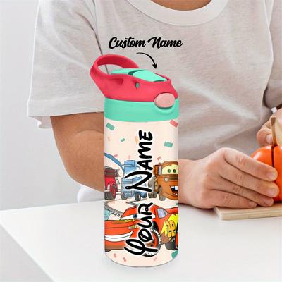 TEMU 1pc 12oz Custom Name Printed Cartoon Design Insulated Stainless Steel Straw Tumbler With Red & Green Lid - Leakproof, , School, , And Travel, Outdoor Hydration| Design| Drinkware, Water Bottle Image