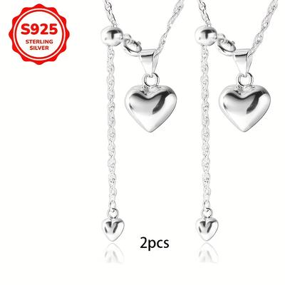 TEMU 2pcs Elegant 925 Sterling Silvery Heart Pendant Necklace, Women's , Casual Attire And Gift Jewelry, Accessory, Pull Chain Image