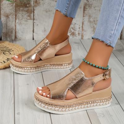 TEMU Women's Metallic Golden Wedge Sandals With Braided Details - Open Toe, Ankle Strap, Thick Rubber Sole, Casual Summer Shoes, Ladies Sandals Image