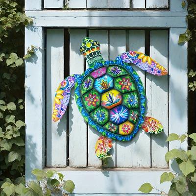 TEMU 2d Flat - 1 Vibrant Floral Sea Turtle Wall Art - 2d Colorful Metal Turtle With , Garden, Patio, Fence & Outdoor Decor, Ideal Holiday Gift, Turtle Deco Image