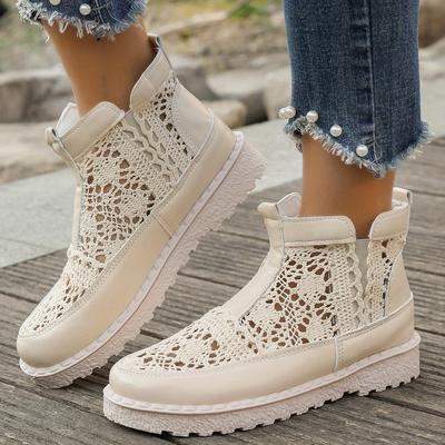 TEMU Women's Retro Lace Hollow-out Round Toe Stretch Ankle Boots With Cover, Elegant Dress Footwear For All , Ankle Wear|elegant Lace Design|breathable Fabric Upper, Chunky Heel Boots Image