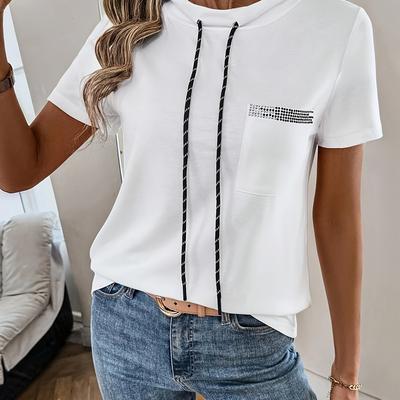 TEMU Women's Casual Summer T-shirt With Drawstring Neckline - White, Short Sleeve, , Summer Top| Top|rhinestone Detail Image