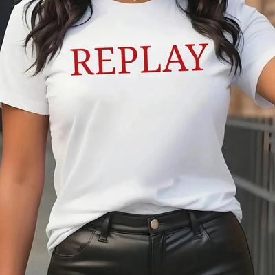 TEMU Y2k Style Women's T-shirt With Letter Print - Black Casual Short Sleeve Round Neck Summer Top, Machine Washable, Everyday Apparel, Tee, Quality Fabric Image