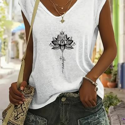 TEMU Women's Casual V-neck Short Sleeve T-shirt - Loose Fit For Lotus Flower Print, Soft Breathable Fabric, Machine Washable, For Casual Attire, Relaxed | Stylish Casualwear | Nontransparent Material Image