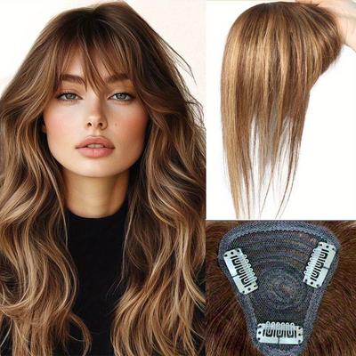 TEMU Straight Hair Topper Hair With Bangs Human Hairpiece For Women Real Human Hair Pieces For Women Clip In Hair Extensions Daily Use Day (#4p27) Image