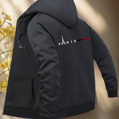 TEMU Men's Paris Graphic Hooded Jacket - Black Casual Zip-up Coat With Print, Machine Washable Polyester, Regular Fit & Front Pockets Image