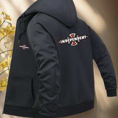 "TEMU Men's Navy Blue Hooded Jacket With "independent" Graphic Print - , Zipper Closure, Polyester Lining, Pockets, Casual Outerwear | Print Jacket | Zippered Jacket" Image