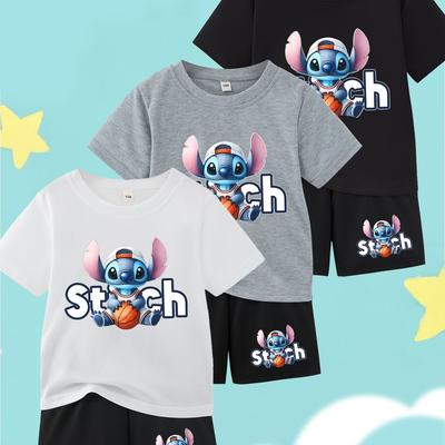 TEMU 6pcs Shorts And T-shirt Set, Stitch Basketball Design, Round Neck, Short Sleeve, Casual Sports, Breathable, , Suitable For Boys And Girls, Daily And Outdoor, Holiday Gift, For Outdoor Image