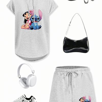 TEMU Stitch & Women's Casual Suit Set - Hooded Sweatshirt With Drawstring Joggers & Matching Bag, Black Polyester Outfit For Spring/summer, Casual Wear| Design|polyester Joggers, Cute Outfit Sets Image
