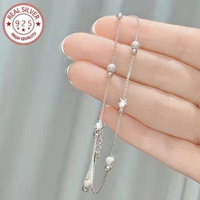 TEMU Elegant 925 Sterling Silvery Bracelet With Matte Beads - Bohemian Style Grid Design, Ideal For And Parties - Perfect Gift For Valentine's Day, Birthdays, Christmas, Friendship Bracelets Image