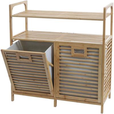 Bambus Badezimmerschrank HHG-591, Wäschesammler Regal Badschrank, 2 Wäschekörbe 2 Regalböden Image