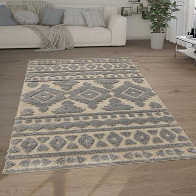 Hochflor Teppich Wohnzimmer Shaggy 3D Optik Ethno Boho Vintage Look Weich 160x220 cm, Grau 3 - Paco Image
