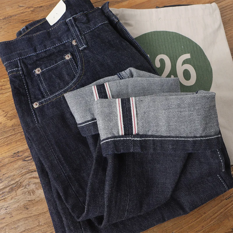 Amekaji Herren-Jeans aus 100 % Baumwolle, rot-weiß, Selvedge-Denim – American Vintage Heavyweight Washed Distressed Raw Straight Pants