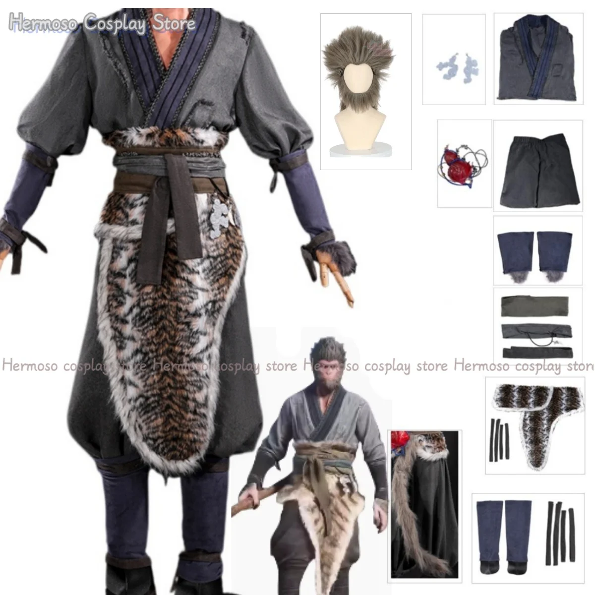 Schwarzer Mythos Wukong Hübsche Uniform Perücke The Destined One Erwachsene Spiel Cosplay Kostüm Halloween Wukong Fancy Bühnenanzug Schwanz Requisiten Image