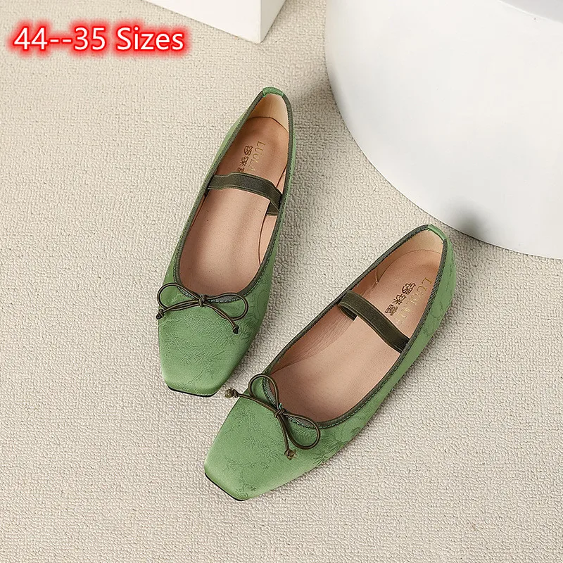 Lady Mary Jane Floral Elastic Band Flats Square Toe Wide Fits Sandalen Chinesischer Retro-Stil 35-44 16cm Rosa Beige Schwarz Süße Schuhe