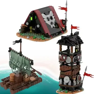 MOC Mittelalterliche Soldat Zelt Wolf Sentry Wachturm Bausteine Figur Schloss Pirat Mini Schiff Floß Image