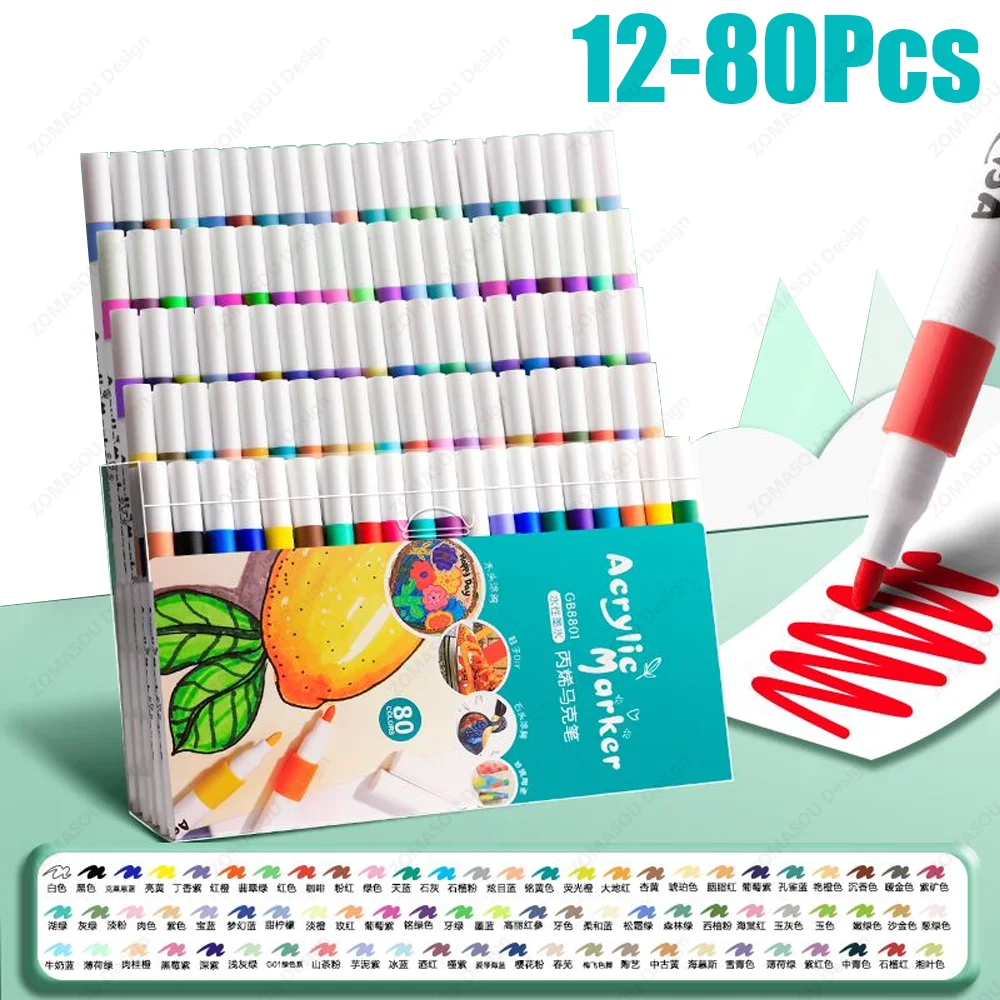 12-80 colori Vernice acrilica Penne Pennarelli Set Vernice Art Marker Penna a punta morbida per bambini Vernice su pietra Ceramica Vetro Tessuto Pittura