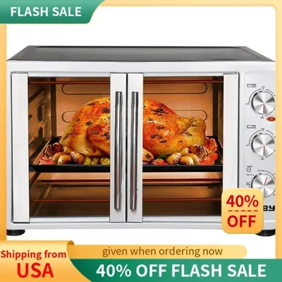 QWLarge Toaster Oven Countertop,French Door Designed,55L,18 Slices,14'' pizza,20lb Turkey,Silver