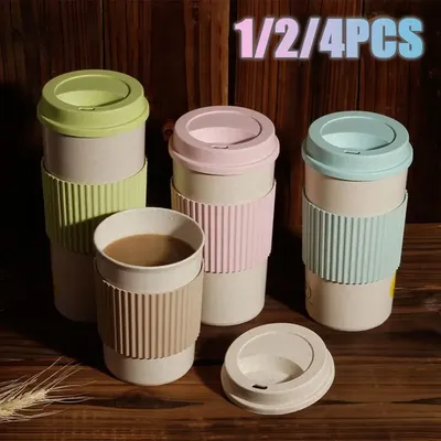 1/2/4PCS 450ml Wheat Straw Coffee Cup Portable High Temperature Resistant Water Cup with Lid