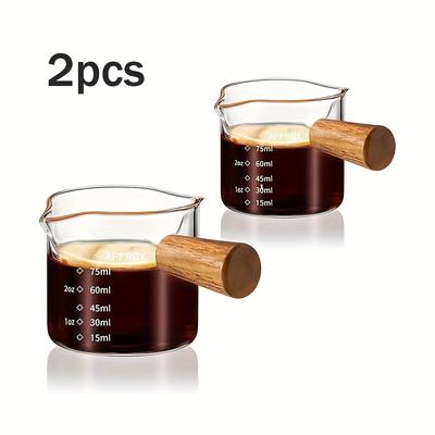 TEMU 2pcs Italian Espresso Glass Cups With Wooden Handles, Transparent Double-sided Measuring , Freezer Safe, Office, Reading, Or Dining Use Image