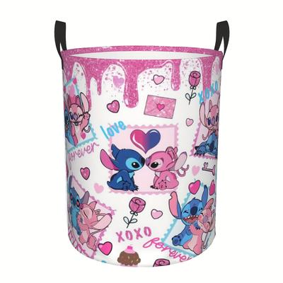TEMU Stitch & Laundry Basket - Round Collapsible Oxford Cloth Hamper With Handles, Cute Pink Heart & For Bedroom, Nursery, Or ' Room Storage, 15.7x19.6 Inches, Laundry Basket, Laundry Baskets Image