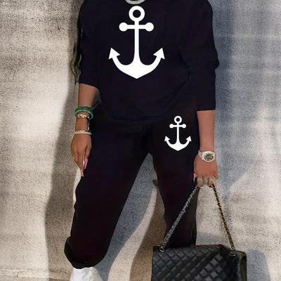 TEMU Plus Size Anchor Print Two-piece Set, Casual Crew Neck Long Sleeve Sweatshirt & Sweatpants Outfits, Women's Plus Size Clothing Image