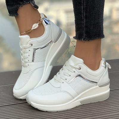 TEMU Women's Casual White Sneakers With Metallic Accents - Lightweight, Rubber Sole, Lace-up, Round Toe, Shoes, Casual Footwear | Metallic Sneakers | Rubber Sole Sneakers Image