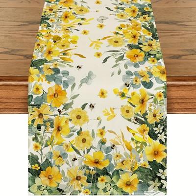 TEMU 1pc Daisy Eucalyptus Floral Linen Table Runner - Vibrant Yellow Daisies & Green Foliage, Kitchen Dining Table Decoration For Home Party Decor Image