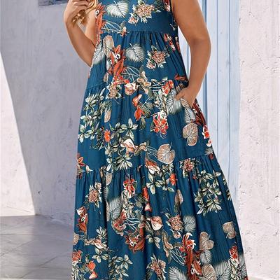 TEMU Women's Plus Size Bohemian Floral Print Maxi Dress With Pockets - Sleeveless, Casual Summer Beach Dress, Lightweight Fabric, Tropical , Beach Coverup Dress | Bohemian Style | Sleeveless Dress Image