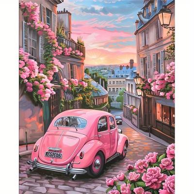 TEMU Round Diamond Embroidery Kit, , Canvas, 11.81x15.75 Inches, With Car And Scene, For Beginner, Valentine's Day Gift, Home Wall Decoration Image