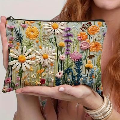 TEMU Yungsoul Floral Canvas Makeup Bag – Vibrant Daisy & Design, Lightweight Zipper Pouch For Travel, Toiletries Organizer, Perfect Gift For Women, Teachers, , Small Cosmetic Bag Image