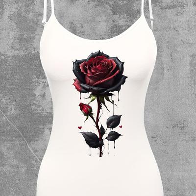TEMU Elegant Red Rose Print Cami Top For Women - Sleeveless, Summer , Casual & Versatile Wear, Polyester Fabric, Floral Print Blous Image