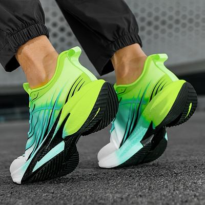 TEMU Men's Lightweight Breathable Running Shoes - Turquoise & Teal Striped Design, Shock-absorbing Carbon Plate Sneakers With Soft Rubber Sole, Lace-up Sneakers For Youth & Adults Image