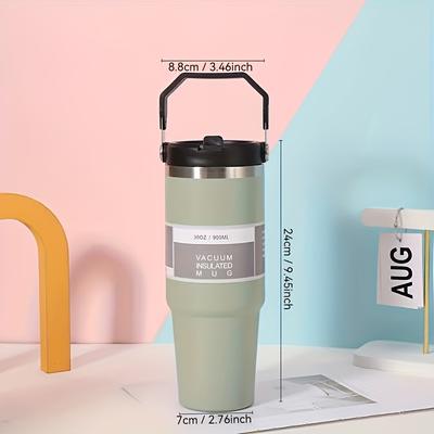 TEMU 30oz Stainless Steel Insulated Travel Mug With Handle And Straw - Vacuum Insulation Drinks Hot Or Cold For Hours - In Pink, Light Green, Dark Blue, And Gray - , Sports, And Car Use Image