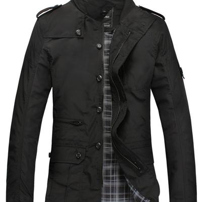 TEMU Men's Casual Stand Collar Zip-up Jacket With Button-accent Pockets - Softshell Lightweight Coat For Spring & Fall, Regular Fit Polyester Outerwear, Jacket Zip Up Image