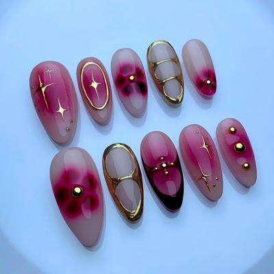 TEMU 10pcs Of Nails, With The Almond-shaped Purple Gradient, The Of Flowers And The Shining Of Gold-rimmed Stars, Are Suitable For And Holiday Matching For Like Romantic And Luxurious Styles. Image