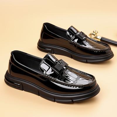 TEMU Men' Patent Loafers - Glossy Finish, Round Toe, Low- With Rubber Sole & Pu Inner Lining For Business Casual Wear Image
