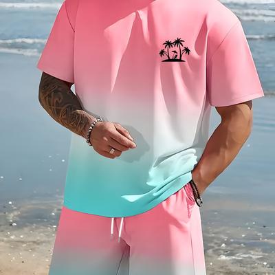 TEMU Men's 2pcs Set, Casual Round-neck T-shirt And Shorts, Made Of 100% Polyester, All-, Stretch, , Spring And Autumn Knit Fabric, Stylish Sportswear, Plus Size Image