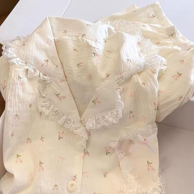 TEMU Apricot Non-stretch High- Floral Pattern Pajama Set For Women Summer Short Sleeve Shorts Two-piece Set Sweet Worn Outside Home Clothes Loose Cardigan Casual Thin Sui Image