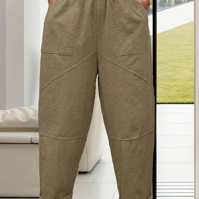 TEMU Elegant Long-length Harem Pants With Elastic Waist And Pockets, Solid Color Polyester, Machine Washable - Spring/summer/fall Image